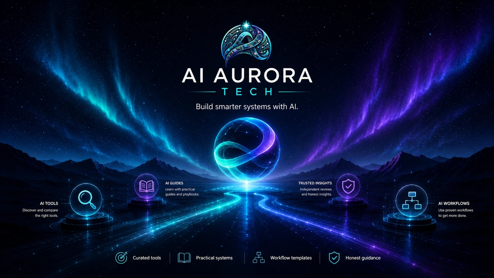 AI Aurora Tech landscape showing pathways to AI tools, practical guides, trusted insights and workflows around a central aurora sphere.