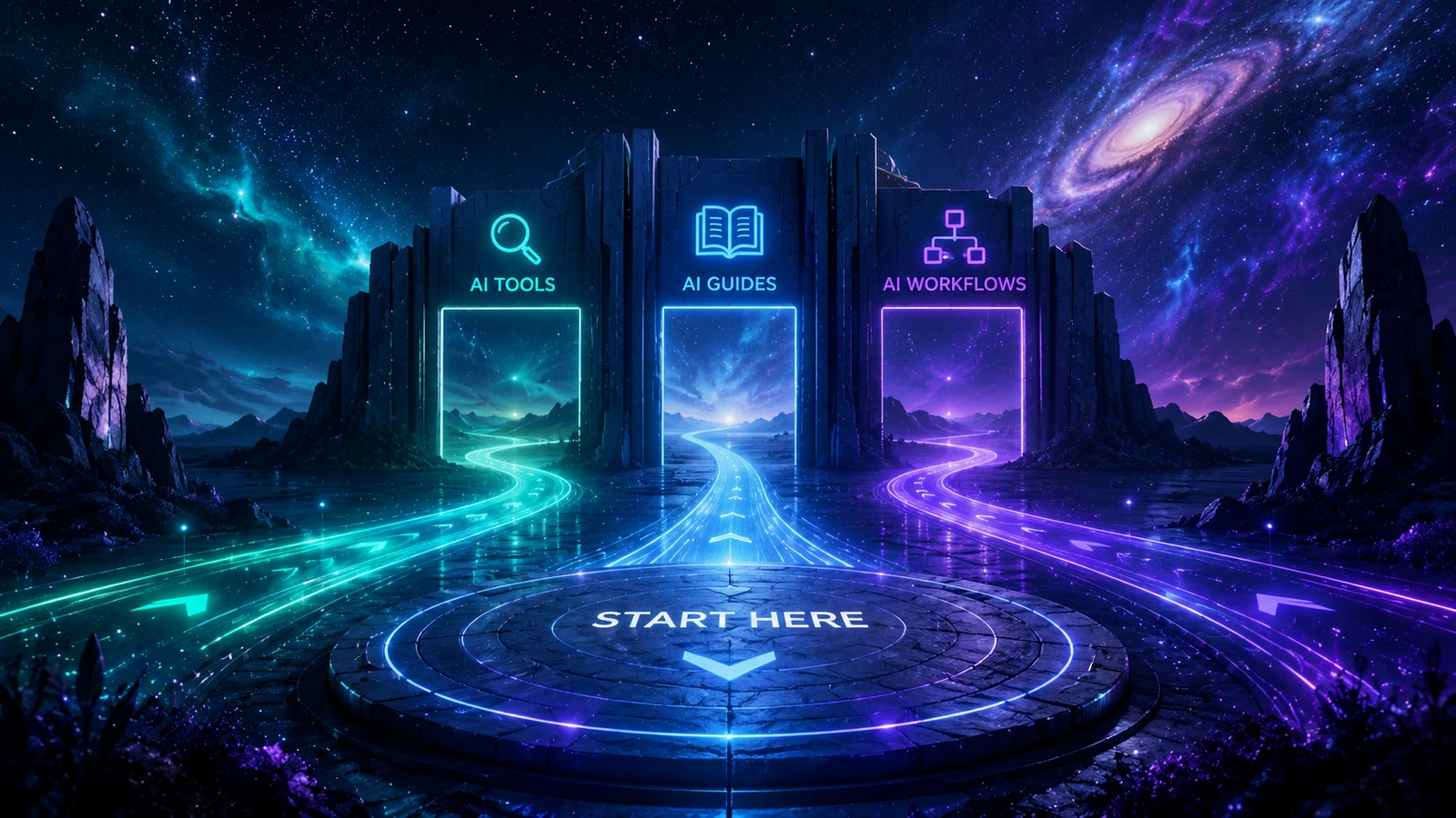 Three illuminated paths from a Start Here platform lead to AI tools, AI guides and AI workflows.