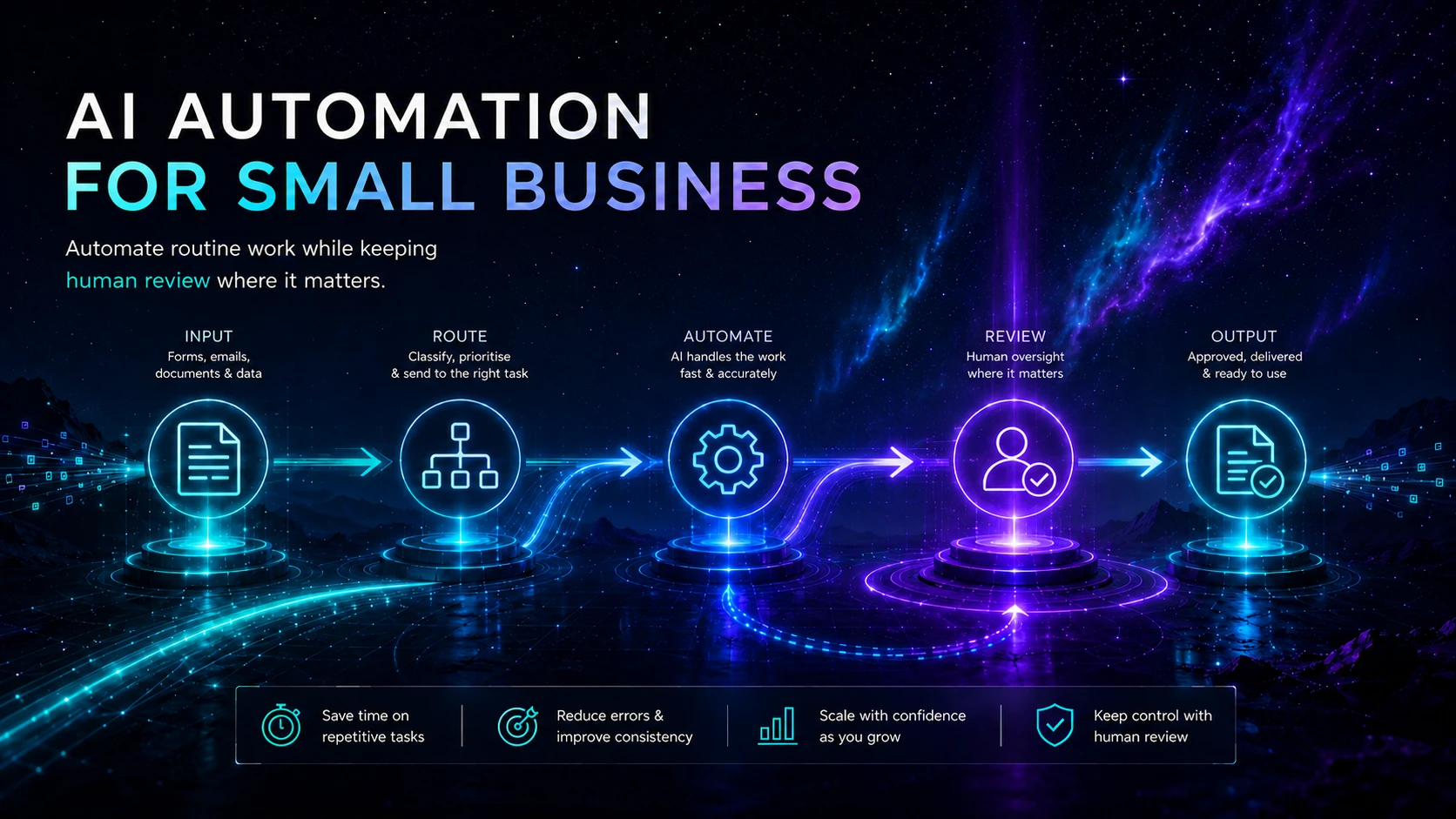Small-business automation moving from input and routing through AI action, human review and approved output.