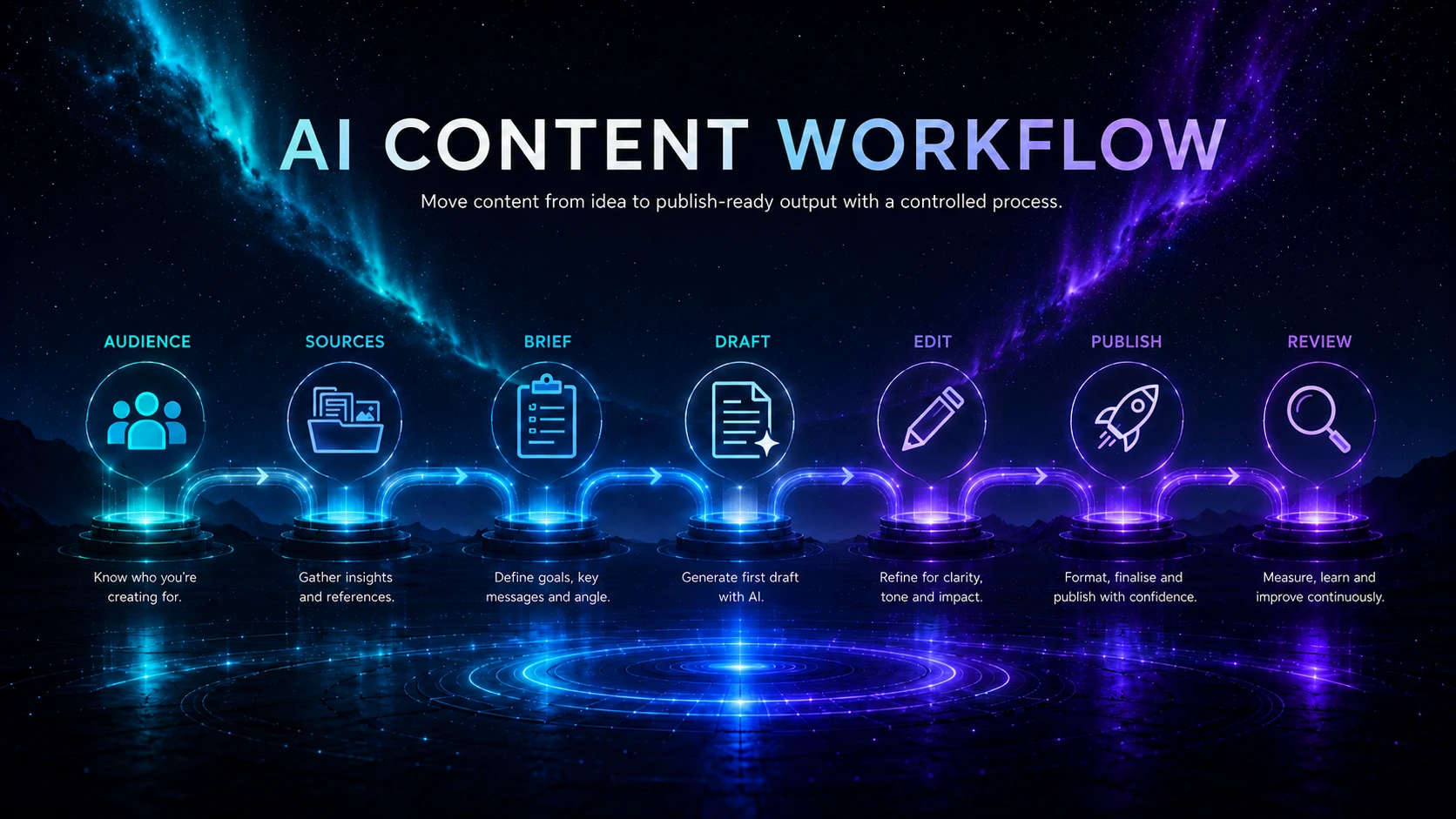 AI content workflow moving from audience and sources through brief, draft, edit, publish and review.