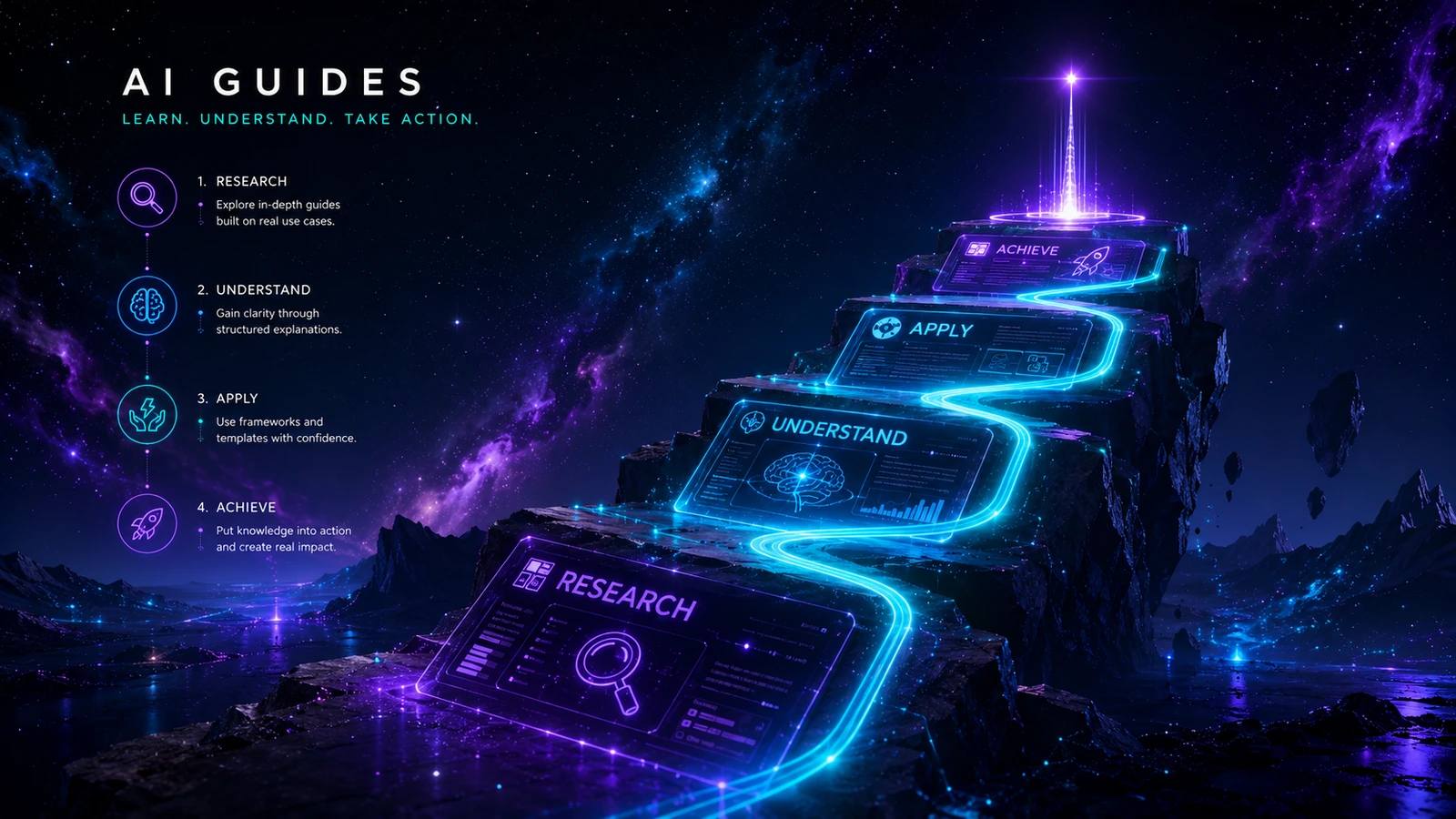 A luminous pathway climbs through research, understanding, application and achievement stages.