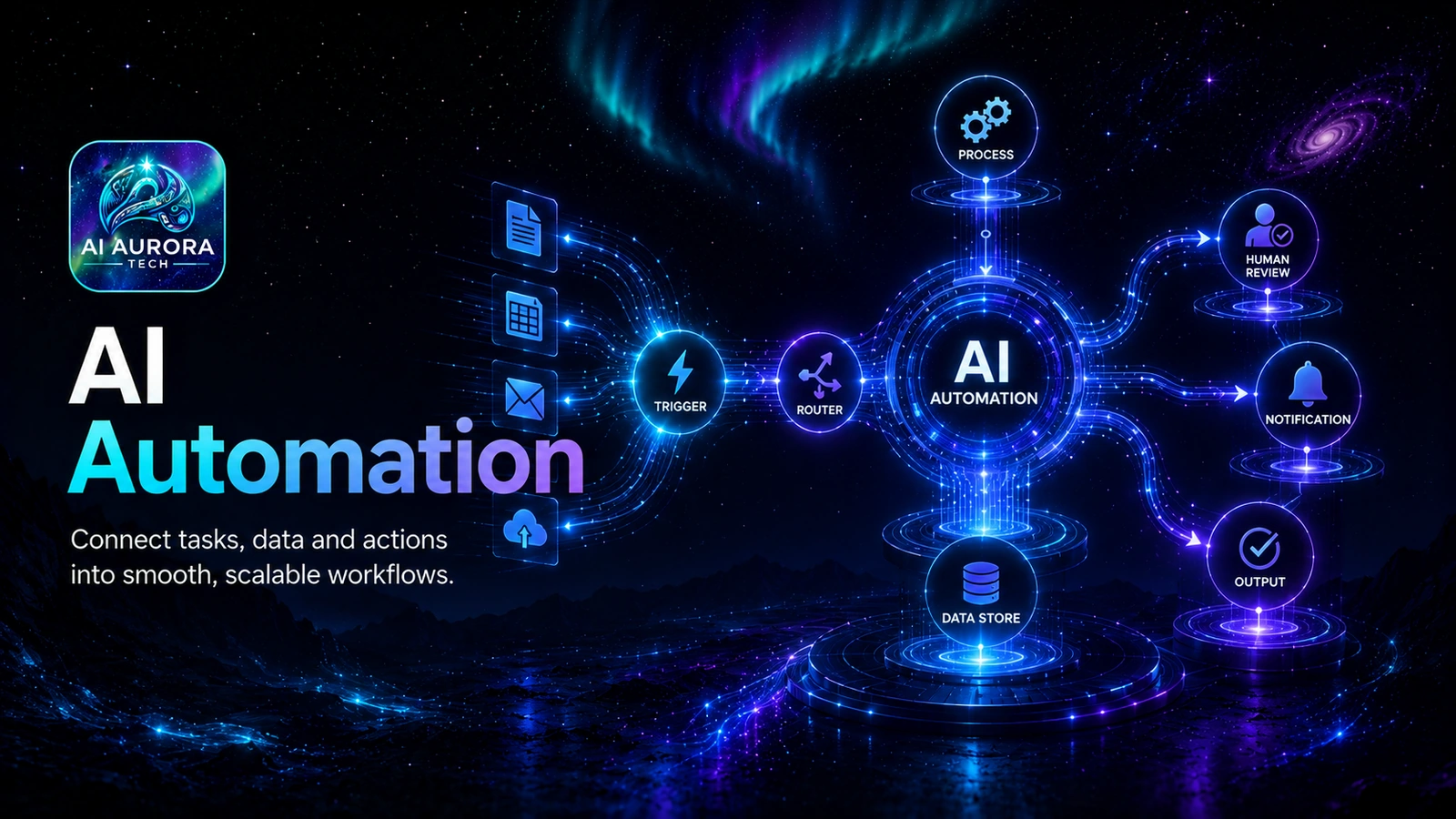 AI automation system routes triggers and data through processing, human review, notifications and controlled outputs.