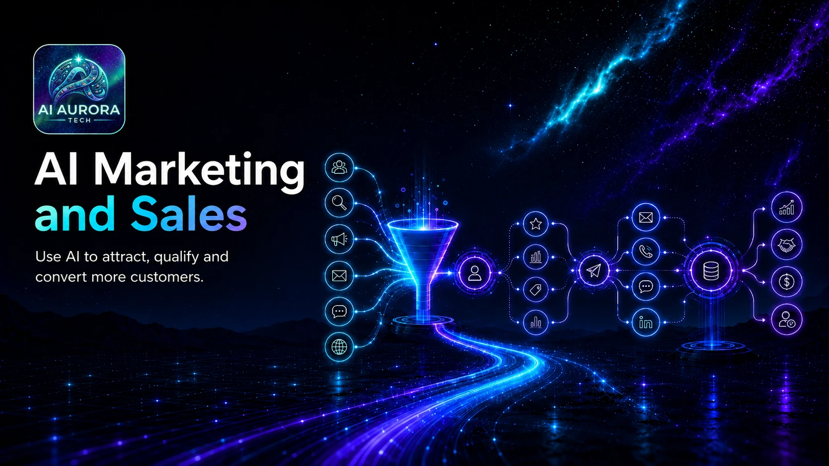 AI marketing and sales signals moving through a funnel into connected lead, outreach and measurement systems.