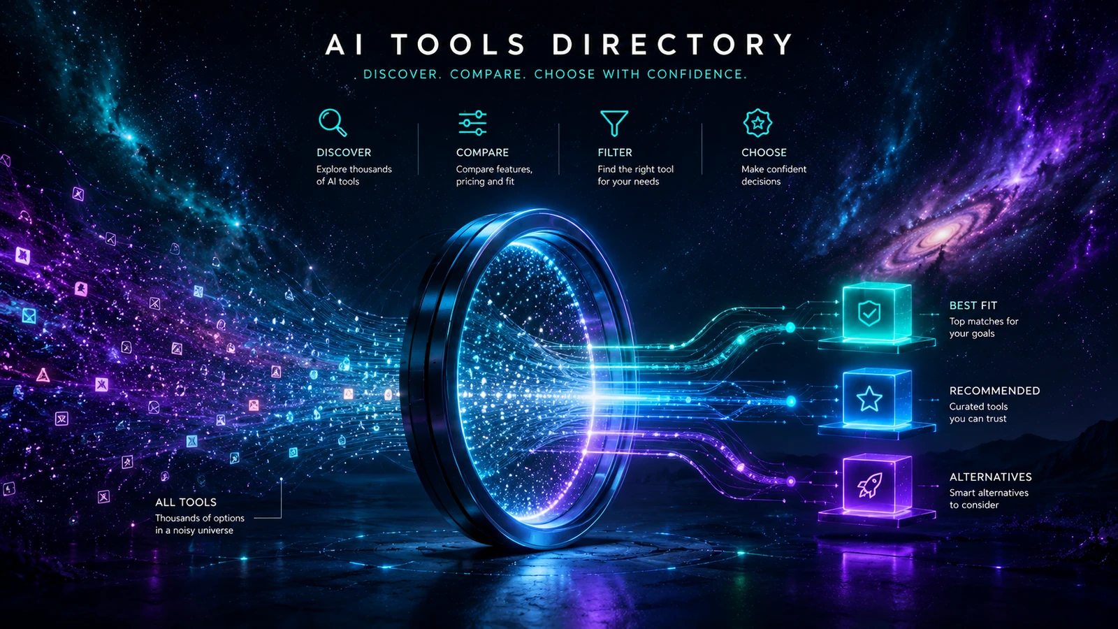 A glowing filter separates a large field of AI tools into best-fit, recommended and alternative choices.