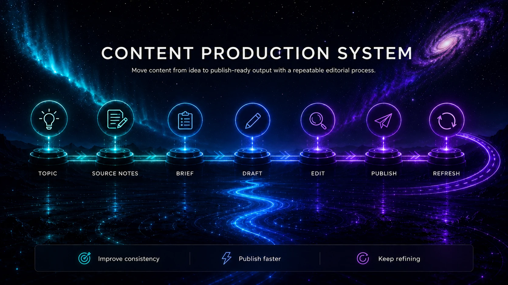 Content production system moving from topic and sources through brief, draft, human review, publishing and refresh.