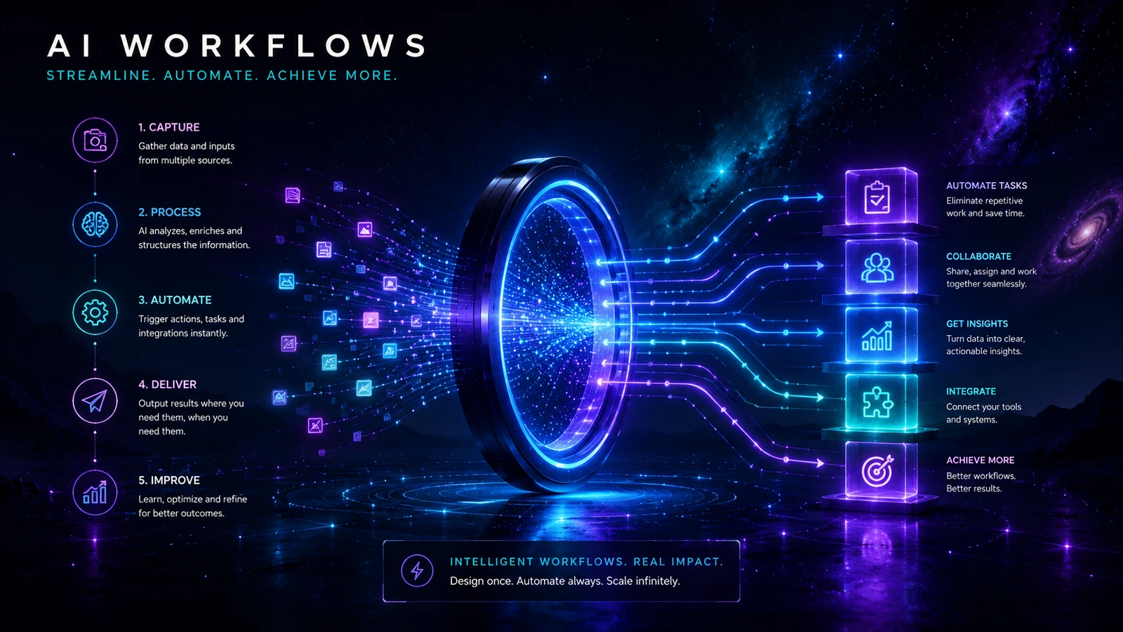 AI workflow stages move through a central processing gateway into automation, collaboration, insights, integration and improved outcomes.